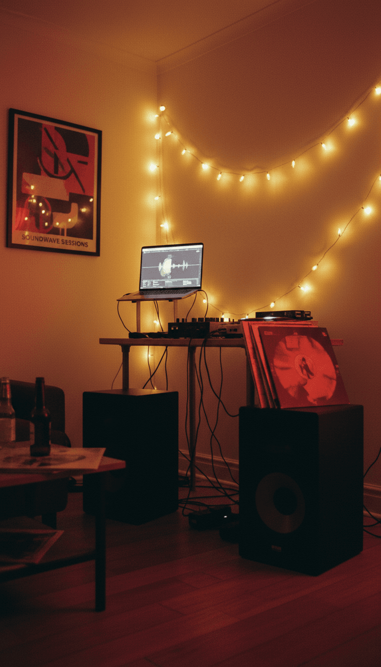DJ booth in a cozy indoor space with laptop and vinyl records
