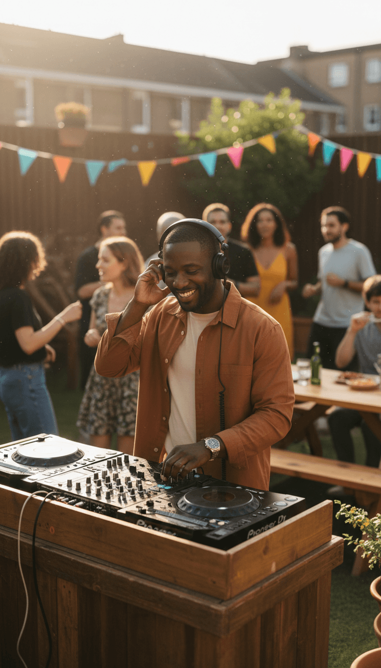 DJ adjusting headphones at outdoor block party with blurred crowd