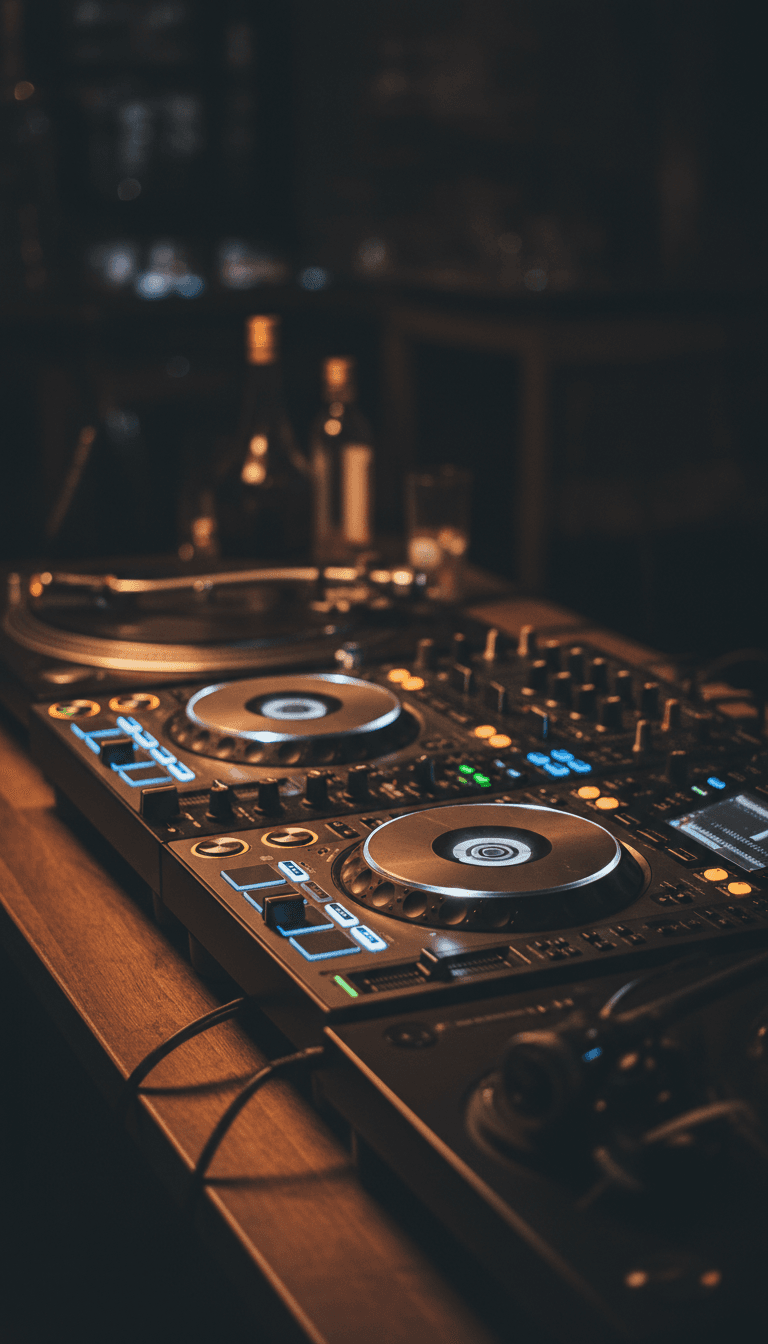 DJ setup with controller, mixer, and turntables in dim light