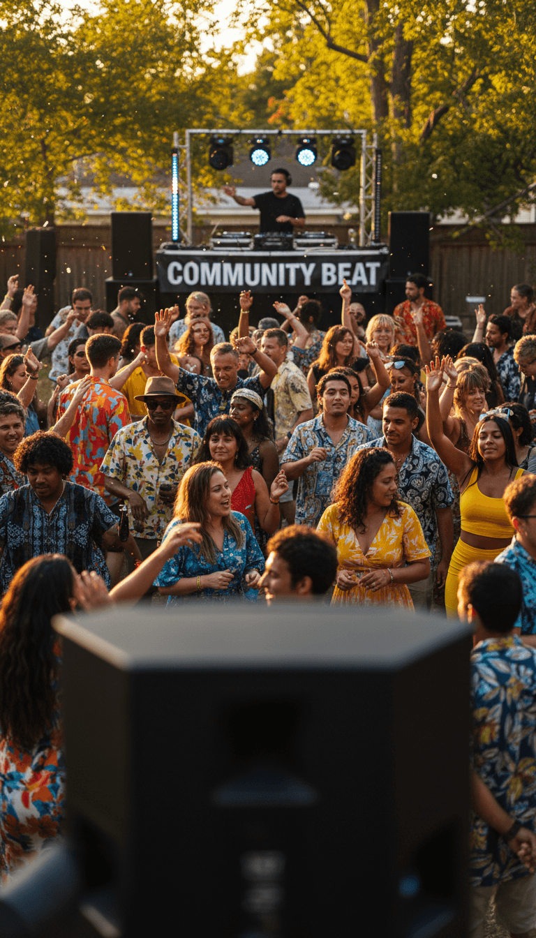 Diverse crowd dancing at a community party with DJ in background