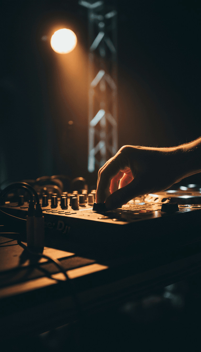 Close-up of a hand adjusting a mixer fader with dramatic lighting