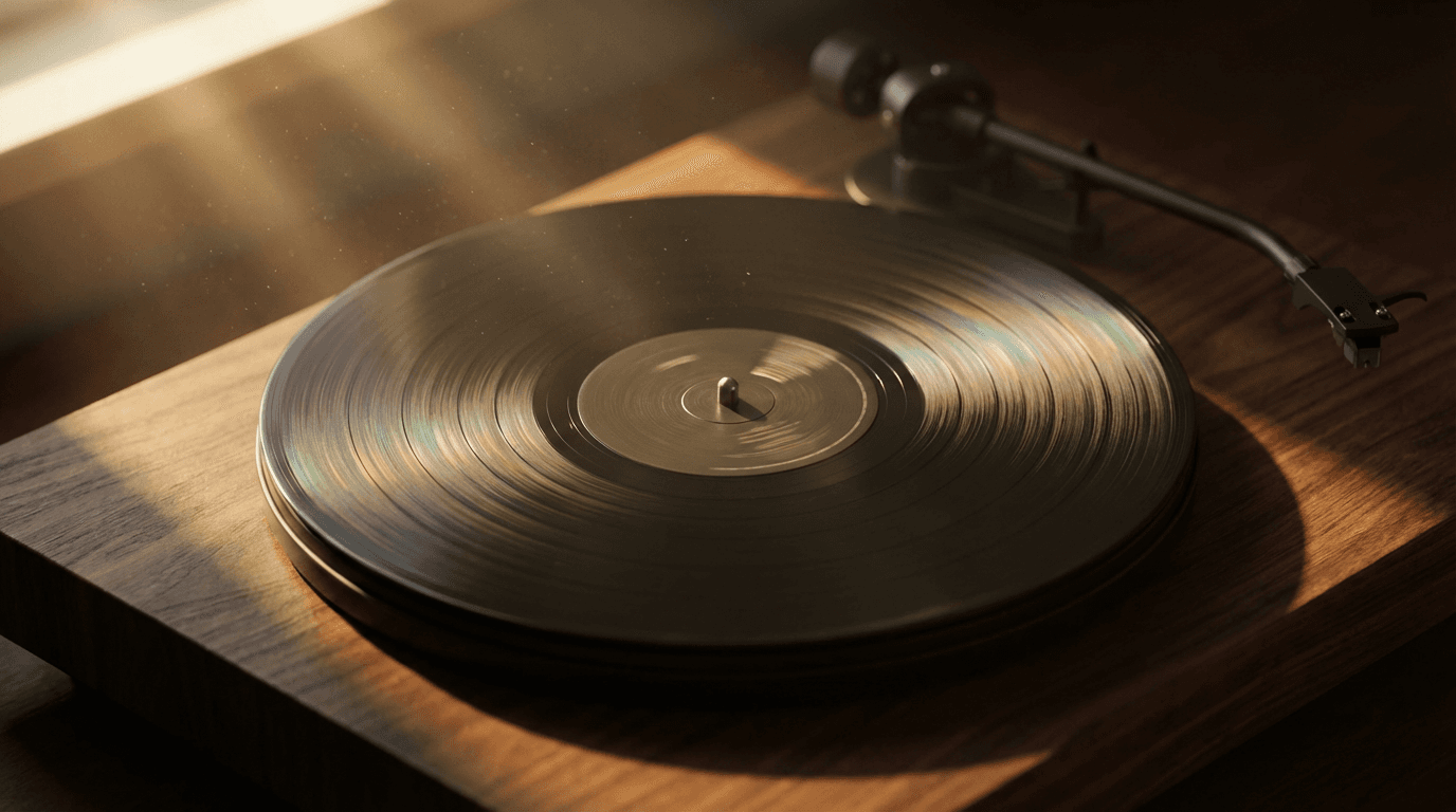 DJ crate with vinyl records and phone showing a playlist