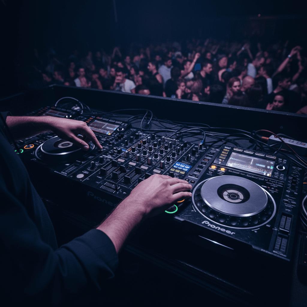 DJ hands adjusting mixer controls under colorful stage lights