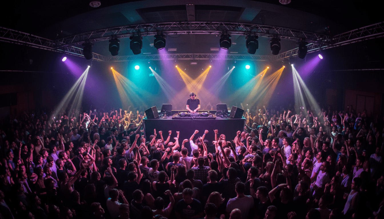 DJ hands mixing on a controller with crowd dancing in the background