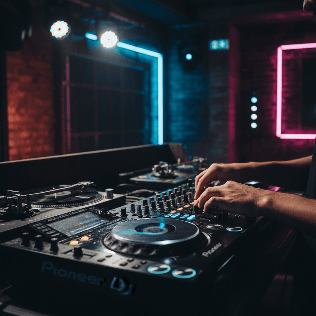 Close-up of a DJ cueing a record on turntable