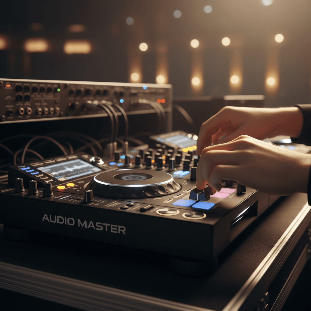 DJ building a custom playlist on a laptop