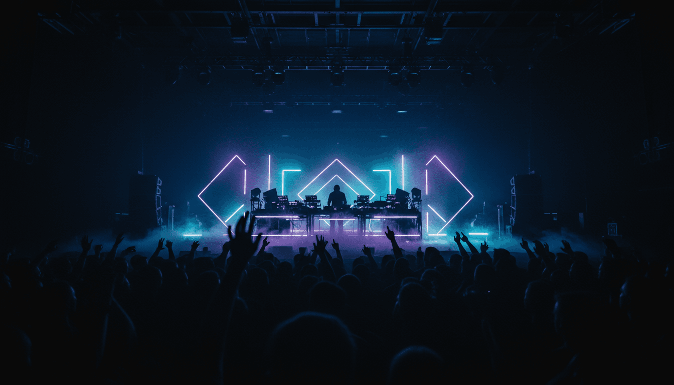 DJ with arms raised to the crowd during a high-energy performance