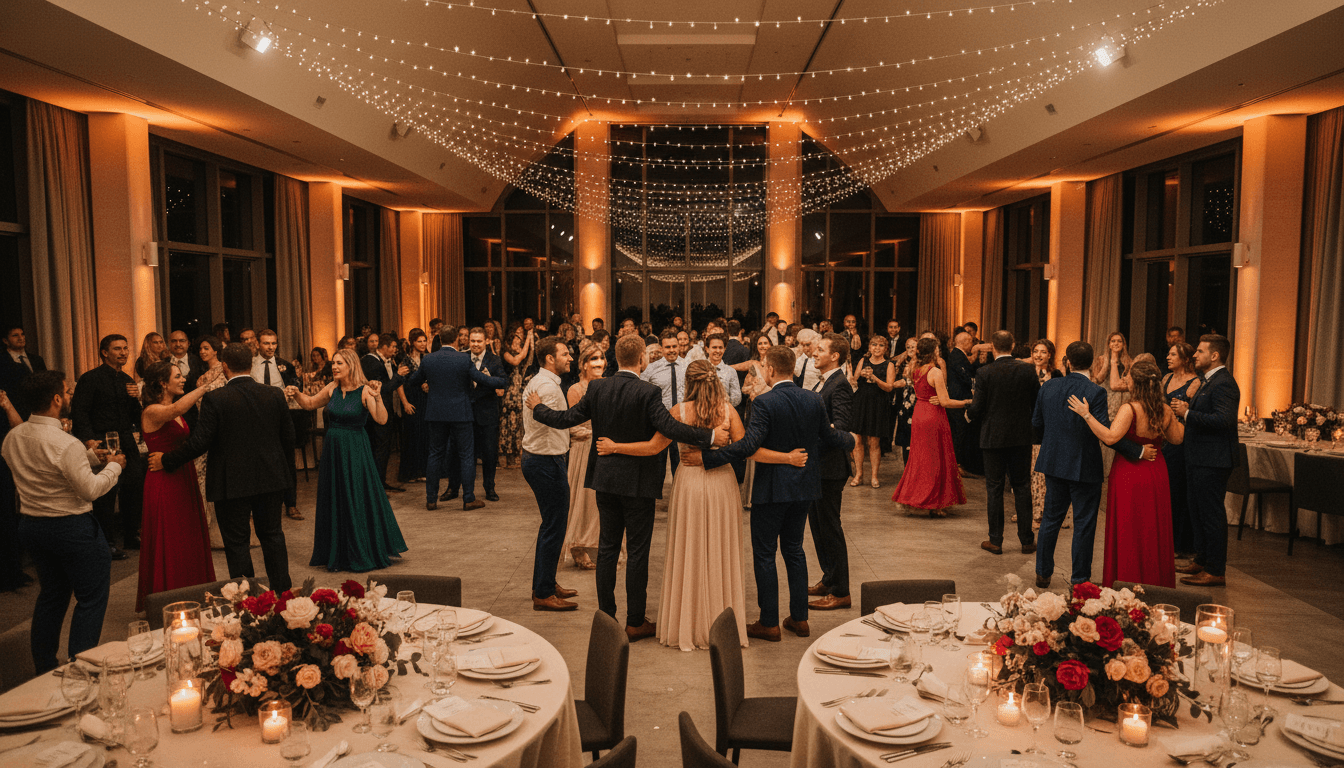 Guests of all ages dancing at a wedding reception