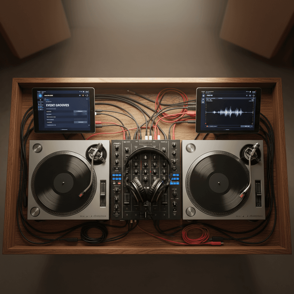 Organized DJ table with laptop, mixer, and lighting controller