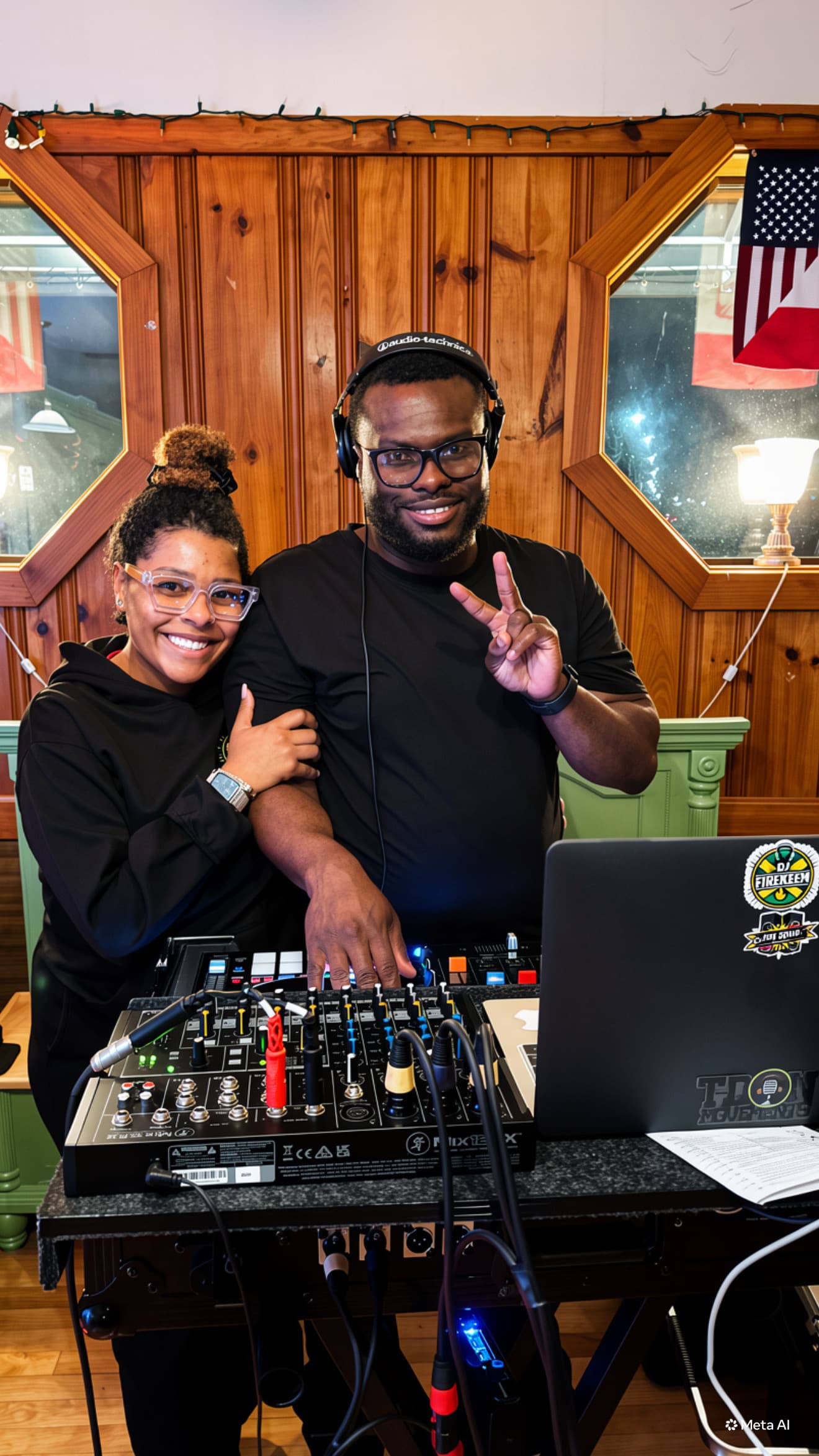 Smiling man and woman pose behind a DJ mixer in a wood-paneled room.