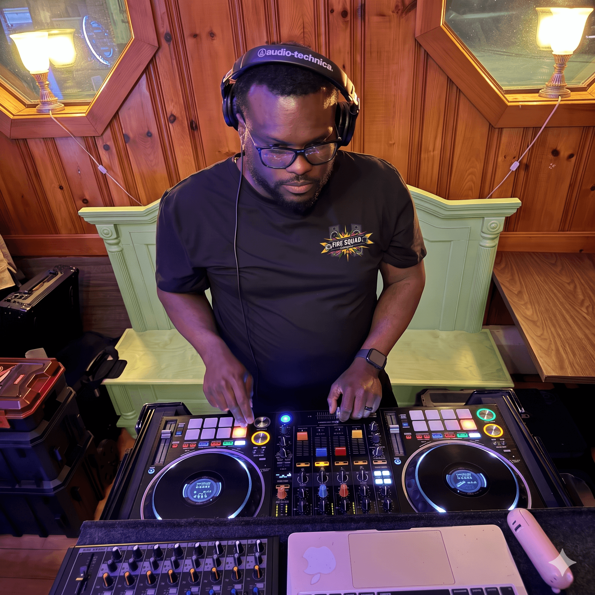 Black man wearing headphones and glasses mixes music on a DJ controller in a studio.