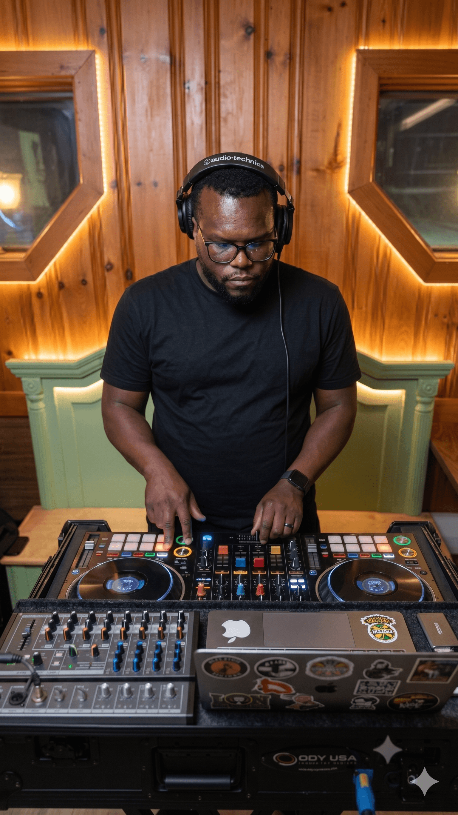 A Black man wearing headphones and glasses operates a professional DJ controller in a studio.
