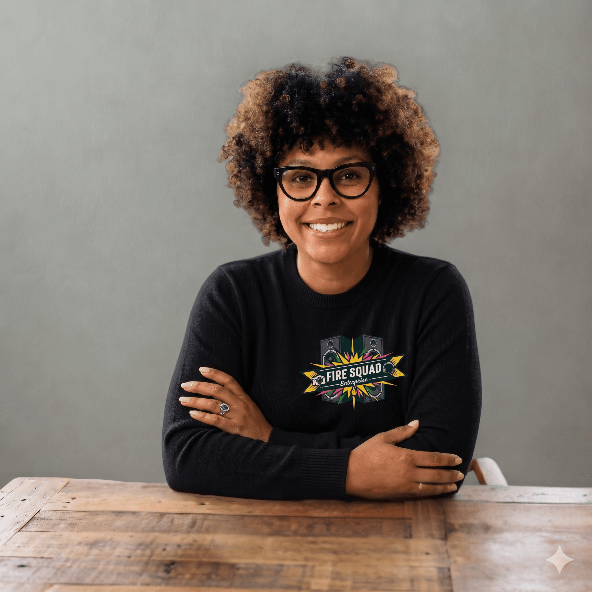 Smiling woman with curly hair and glasses wearing a black Fire Squad Enterprise sweater.